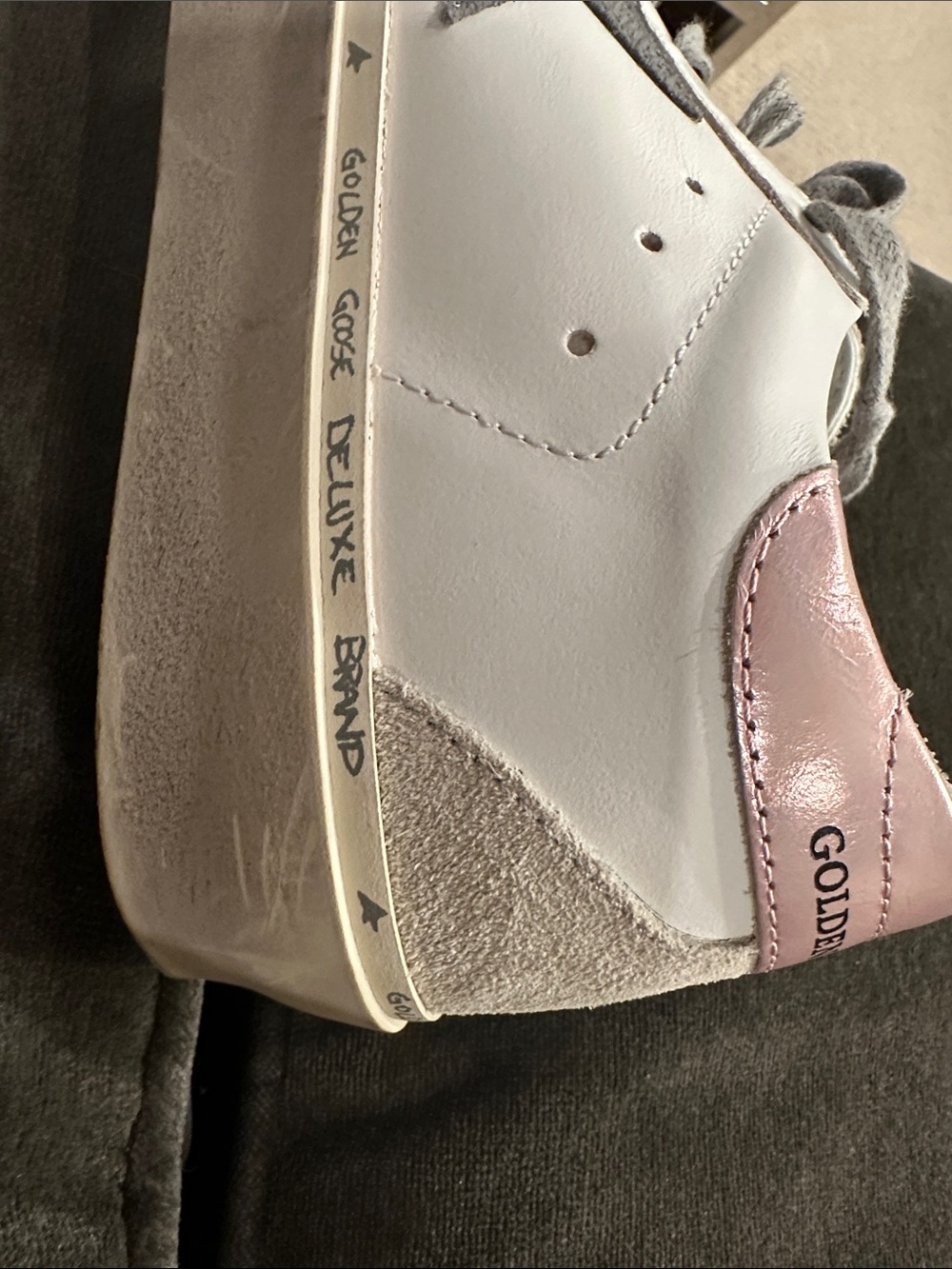 Golden Goose White Leather Sneakers with Pink Heel and Gray Laces - Picture 8 of 9